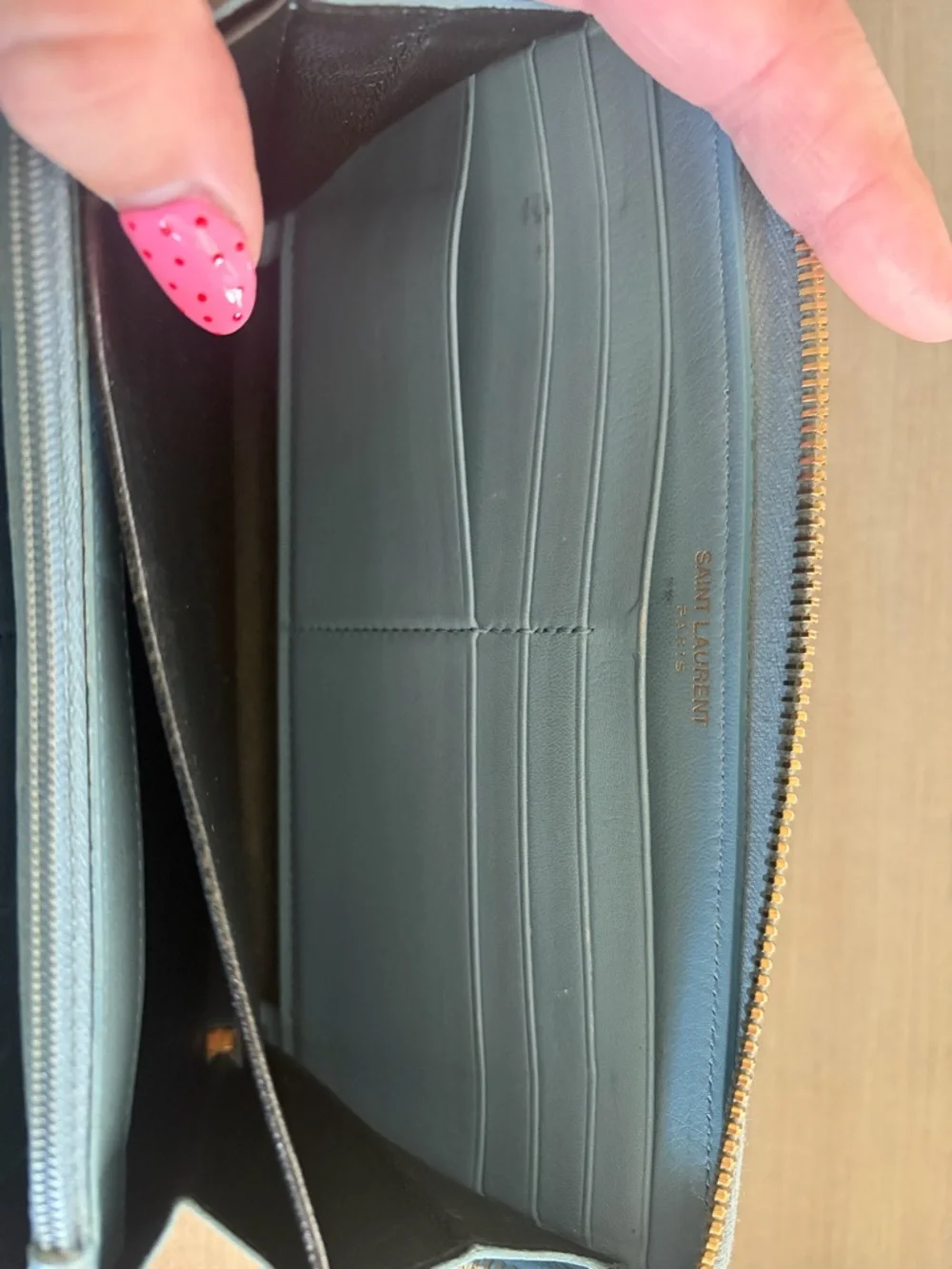 Authentic SAINT LAURENT YSL Y Line Full Zip Wallet Calf Leather Blue/Gold w/ COA - Picture 5 of 12